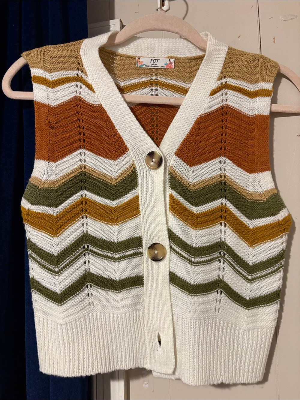 Women's Cream Knit Chevron Vest with Olive & Rust Stripes
